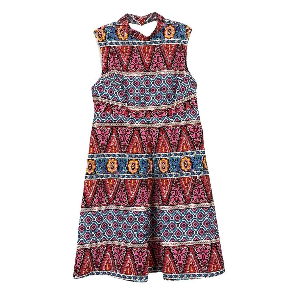 ASOS High Neck Halter Open Back Striped Geo Pleated Mini Dress Pink Blue Size 6